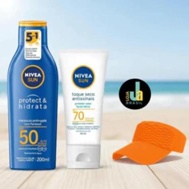 Imagem de Kit Praia, Sol, Verão - Protetor Facial, Corporal e + Viseira Laranja 