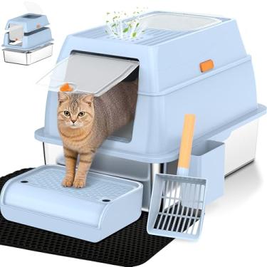 Imagem de Vivifying Caixa de areia de aço inoxidável com tampa, caixa de areia extragrande fechada com entrada frontal XL para gatos grandes e gatinhos, panela de metal removível para gatos com gabinete de alta