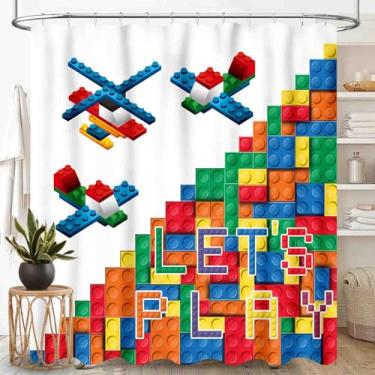 Imagem de Cortina de chuveiro de brinquedo de blocos de montar para banheiro, blocos de tijolos de construção de plástico colorido, padrão geométrico, helicóptero, aeronaves, para crianças, conjunto de cortina