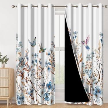 Imagem de AWERT Cortinas blecaute com estampa floral azul flores aquarela borboleta pássaro colorido plantas românticas cortinas de janela isolamento térmico para sala de estar quarto conjunto de 4 painéis