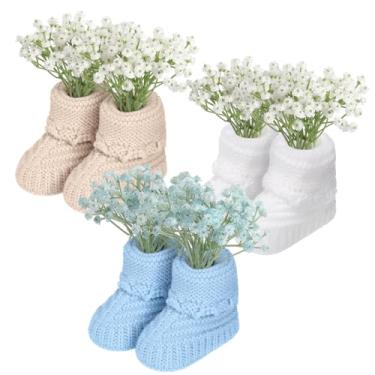 Imagem de Chicingyou Conjunto de 3 conjuntos de botas de mesa de chá de bebê tricotadas para recém-nascidos com buquê de grama de pampa seca, boho, mesa de anúncio de bebê, centros de mesa rústica revelação de