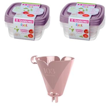 Imagem de Conjunto de 1 Suporte para Filtro de Café 103 Rosa + 2 Kit c/ 3 Potes Plásticos Herméticos 530ml