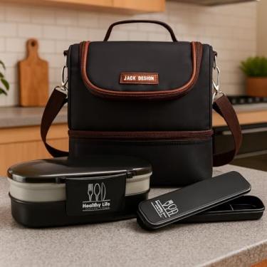 Imagem de Kit Bolsa Térmica C/ 2 Compartimentos + Marmita + Porta Talheres 3 Peças Para Viagem e Armazenamento (Preto C/Marrom)