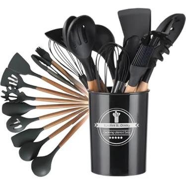 Imagem de Kitchen Set Premium, Kit 12 Utensílios de Cozinha em Silicone com Cabo de Madeira, Preto, Conjunto Completo com Suporte, Resistente ao Calor, Antiaderente