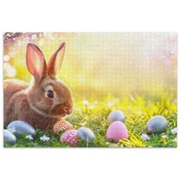 Imagem de Quebra-cabeça coelho ovos de páscoa grama adulto 500 peças família brinquedo arte mordaça presente quebra-cabeça engraçado jogo presentes