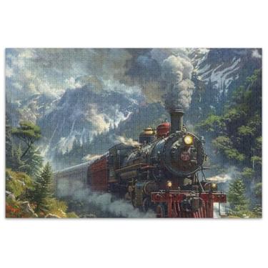 Imagem de Quebra-cabeça de paisagem de trem de montanha para adultos, 500 peças, quebra-cabeça de arte, quebra-cabeça, cena de outono, presentes para jogo de elefante branco