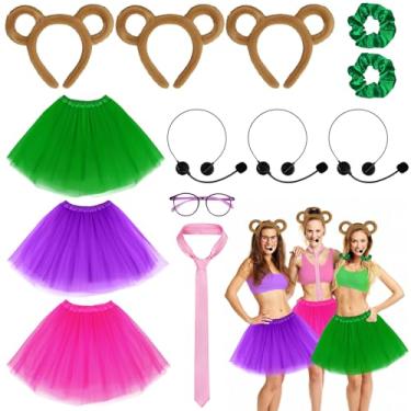 Imagem de 13 Pcs Halloween Animal Costumes Set Chipmunk Ears Headband Mouse Ears Tutu Skirts Fake Rock Star MJ Singer Microphone Hair Bands Round Frame Glasses Tie Halloween Animal Cosplay Costume for Women
