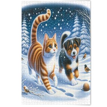 Imagem de Cute Cat Dog Winter Snow Jigsaw Puzzles 1000 Pieces Adults Family Puzzle Lovers Gifts Difficult Puzzles Family Game Home Decor, 1000 Pieces, 29.5" x 19.7"