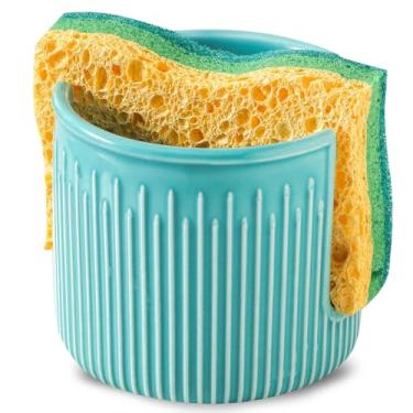 Imagem de Seyatoo Suporte de esponja de cerâmica para pia de cozinha, escorredor de pratos com esponja, organizador compacto para pia de fazenda, turquesa