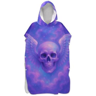 Imagem de Joisal Roupão reutilizável para troca de poncho de surfe para toalha de natação com capuz Adul caveira surreal asas de anjo roxo poncho masculino com capuz