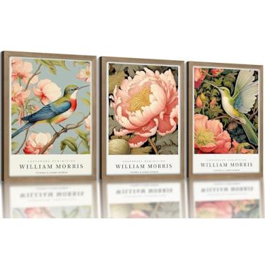 Imagem de 3 peças emolduradas plantas e pássaros arte de parede em tela estilo William Morris elegante floral e pássaro impressões de pôster pinturas decorativas para galeria de casa adequado para sala de estar