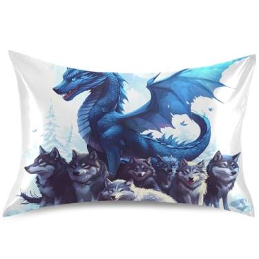 Imagem de Dragon Wolves Capa de almofada de cetim com estampa animal King Queen, capa de travesseiro padrão fofa, capa de travesseiro macia, tamanho padrão, 66 cm x 50 cm