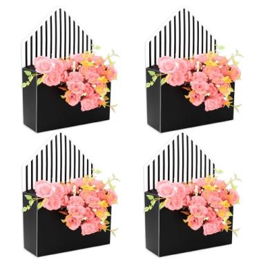 Imagem de FYSUIMU 9 peças caixa de envelope floral vazia caixa de papel listrada florista buquê caixa de embalagem para arranjos de festa de aniversário de casamento dia das mães, preto