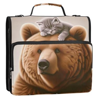 Imagem de Organizador de fichário com zíper fofo urso gato 3,8 cm 3 anéis D bolsa divertida para fichários escolares com alça de ombro, suporte para 500 folhas