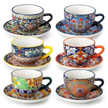 Imagem de vancasso Conjunto de 6 xícaras de cappuccino com pires SIMI 227 g, xícara de café expresso empilhável de cerâmica com suporte de metal para latte, xícaras de café boêmias\