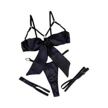 Imagem de Conjunto De Lingerie Sexy Feminina Em 3 Peças De Cetim Com Sutiã Com L