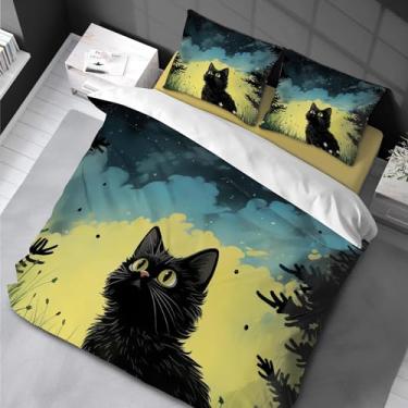 Imagem de Conjunto de capa de edredom de gato fofo de desenho animado king size com estampa de gatos nebulosa preta decoração animal 3 peças capa de edredom 155 x 220 cm -80 x 80 cm * 2