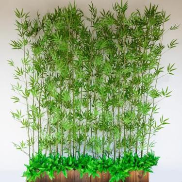 Imagem de Árvore de bambu artificial realista, hastes de bambu falso/planta verde simulada com folhas e base de madeira para bricolage pátio deck jardim, ornamentos de paisagismo independentes, cerca de