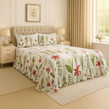 Imagem de Kit Lençol Queen 3 Peças Micropercal Toque de Algodão com Babado e Fronhas Premium (Branco - Lírios)