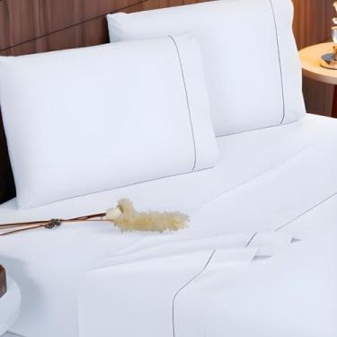 Imagem de Jogo de Lençol Queen 4 Peças 400 Fios Micropercal Toque de Seda Lençol com Elástico Fronhas Ponto Palito(branco)