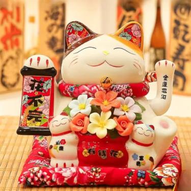 Imagem de FENNYYAR Cerâmica artesanal usando flor acenando mão gato da sorte enviar pequeno gato mascote branco, 24 cm 9,4 polegadas, estátua retrô Feng Shui