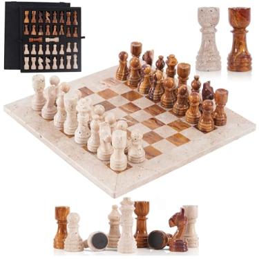Imagem de SPESHSTONES Marble Chess Set for Adults 12 Inch Handmade Travertine and Brown Board Game with Storage Box, Classic Table Chess Set for Family with Pieces & 2 Extra Queens, Elegant Gifts & Home Décor