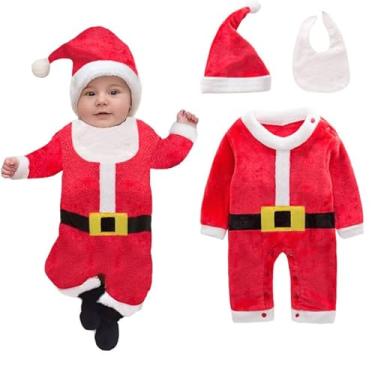 Imagem de AGQT Fantasia de Papai Noel para bebês meninas 3 peças primeiro Natal Papai Noel fantasia para meninos uma peça macacão bigode e chapéu vermelho tamanho 3-6 meses