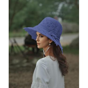 Imagem de Chapéu de sol feminino de aba larga dobrável com renda floral, respirável e leve para praia, viagens, Azul marinho, Tamanho Único