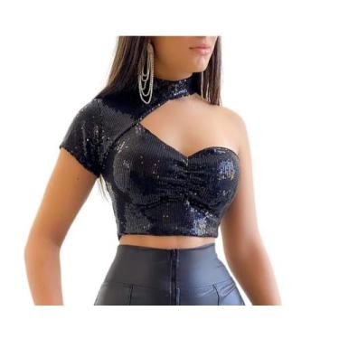 Imagem de Blusa Cropped Paetê Feminino CurtoTop Mula Manca Moda Luxo - RANNI, Pr