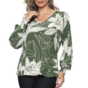 Imagem de Blusa Feminina Manga Longa Estampa Floral Decote em V Tecido Duna Tend