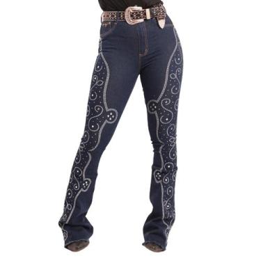 Imagem de Calça Jeans Azul Feminina Brilhos Pratas Western Barretos Moda Country