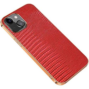 Imagem de VEVEL Capa de couro para Apple iPhone 14 Plus 6,7 polegadas 2022, padrão lagarto moldura dourada capa de telefone traseira à prova de choque [proteção de tela e câmera] (cor: vermelho)