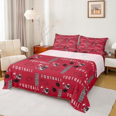 Imagem de jejeloiu Jogo de lençol casal de futebol americano Atlanta, para crianças, meninos, meninas, decoração de futebol americano, com bolsos profundos de 40 cm, vermelho e preto, macio, para decoração de