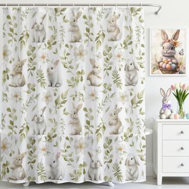 Imagem de Mocsicka Cortina de chuveiro coelhinho da páscoa coelhinho fofo folhas verdes primavera cortina de chuveiro tecido impermeável Páscoa cortina de chuveiro decoração de banheira com 12 ganchos 182 x 182