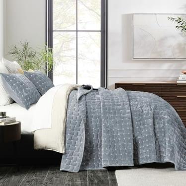 Imagem de Grassix Conjunto de colcha de veludo luxuoso, tamanho Queen, 3 peças, edredom leve de veludo com fronhas, colcha acolchoada geométrica, conjunto de cama para todas as estações, azul e cinza, 228 x 244