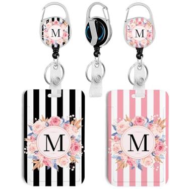 Imagem de Pacote com 2 porta-crachás de identificação A-Z com molinete retrátil para crachá resistente, chaveiro, suporte de identificação para escola, enfermeira, escritório, listra preta e rosa M