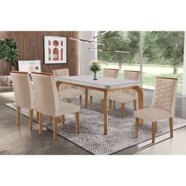 Imagem de Sala Jantar Mesa Londrina Tampo c/ Vidro Curvo 180cm+6 Cadeiras Maldivas Madeira Naturale/Off White - Capuccino/Linho Bege - Rufato