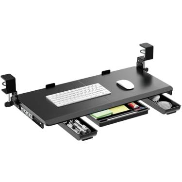 Imagem de Bandeja de teclado ajustável em altura sob a mesa deslizante, 68 (33 incluindo braçadeiras) x 28 cm, suporte ergonômico extensor de gaveta para teclado e mouse, suporte de grampo C resistente, para