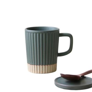Imagem de Xícaras de café Caneca com padrão vertical e tampa de cerâmica, xícara café cobertura simples gergelim(Green)