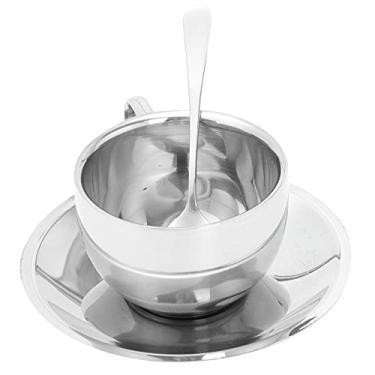 Imagem de Caneca de café de aço inoxidável com pires e conjunto de colher, xícara de cappuccino com pires, caneca de café de aço inoxidável para dose dupla, café com leite, café mocha, chá (prata) (Color : Sli