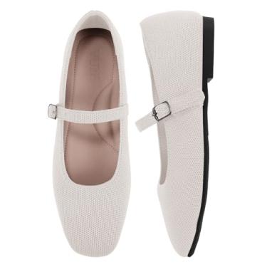Imagem de VUN Sapatilhas de malha femininas – Sapatilhas de balé de bico quadrado com alça ajustável no tornozelo e suporte de arco, sapatos Mary Jane para escritório elegante e conforto casual, Amêndoa, 35