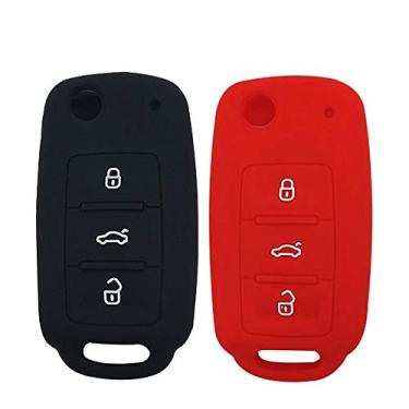 Imagem de LemSa 2 peças de borracha de silicone flip chaveiro capa remota protetor sem chave suporte para VW Volkswagen Jetta GTI Passat Golf Tiguan Touareg Beetle, preto + vermelho