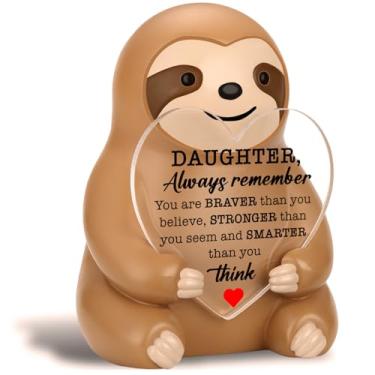 Imagem de akeke Presentes para filha, preguiça, bônus de passo positivo, estatueta de preguiça de 7,5 cm, decoração de mesa de resina com sinal de acrílico de coração inspirador, presente de aniversário