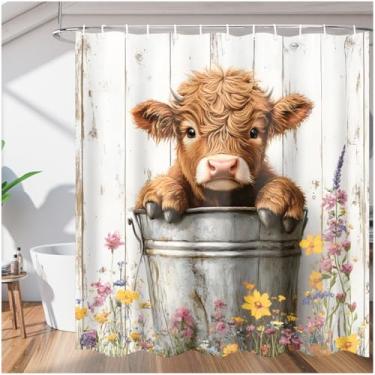 Imagem de Pardick Cortina de chuveiro, cortina de chuveiro impermeável de vaca highland de madeira florida com 12 ganchos, cortinas de chuveiro de tecido de poliéster para banheiro, banheiras, barracas