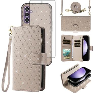 Imagem de Capa carteira compatível com Samsung Galaxy S23 FE 5G com zíper e protetor de tela de vidro temperado alça transversal flip flip porta-cartões capa de telefone para S 23 EF S23FE 23S feminino cinza