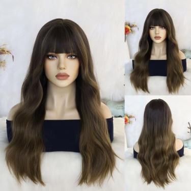 Imagem de Touca de cabelo + peruca longa encaracolada peruca marrom solta natural ondulada cosplay perucas para mulheres franja dividida marrom escuro perucas de fibra sintética festa de Halloween