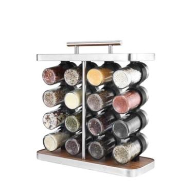Imagem de Porta Temperos Torre com 16 Potes de Vidro 80ml, Aço Inox e Madeira, 30cm Altura, com Tampa Inox e Peneira Dosadora
