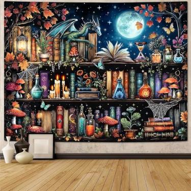 Imagem de Accnicc Tapeçaria de estante de dragão cogumelo bruxo tapeçarias para pendurar na parede gótica medieval fantasia lua escura academia livro grande tapeçaria para quarto sala de estar dormitório 203 x