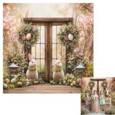 Imagem de Kate 2,4 x 2,4 m primavera feliz páscoa cenário fotográfico bonito comedor de coelho ovos coloridos rosa floral porta de madeira decoração foto fundo