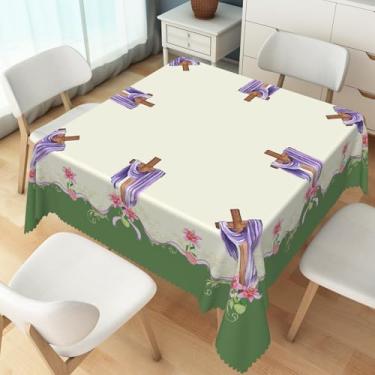 Imagem de TTQYFNM Toalha de mesa com cruz de Páscoa cristã, 178 x 178 cm, ovos de Páscoa, rosa, floral, quadrado, toalha de mesa à prova d'água, para brunch, jardim, cozinha, jantar, festa, decoração